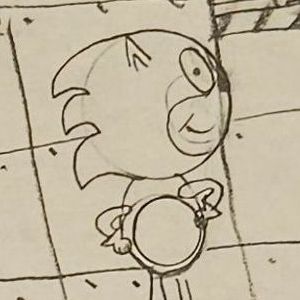 Childish drawing of Sonic the Hedgehog smiling